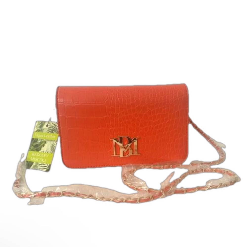 Badgley Mischka Crocodile Embossed Orange Bag w/Gold Hardware & Chain Crossbody